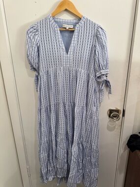 English Factory Light Blue Striped Tiered Midi Dress